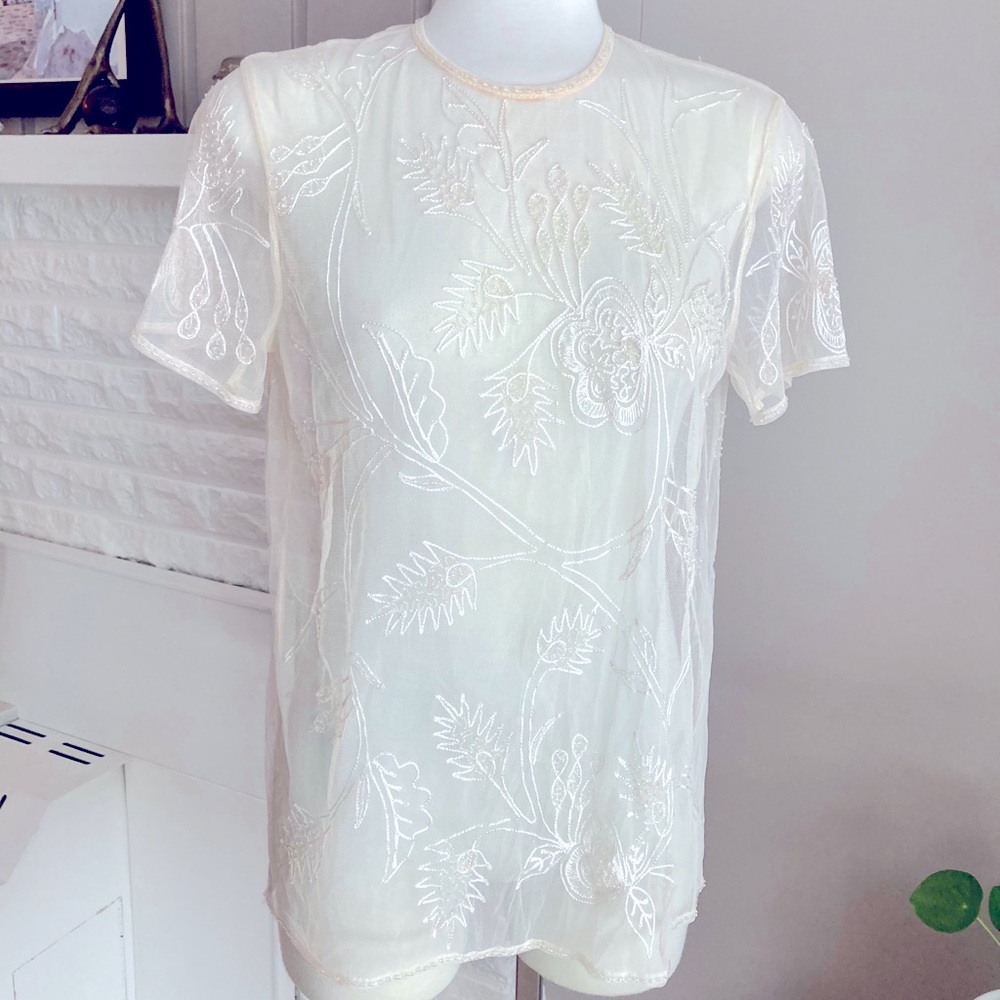 Cream/Nude Vintage Botanical Embroidered Beaded Sheer Overlay Top